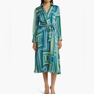 Tahari ASL Abstract Print Long Sleeve Satin Midi Dress Size 2